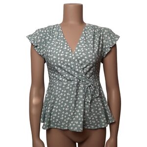 MONTEAU Green Flowy Wrap Top with White Florals and Flutter Sleeves - Size S